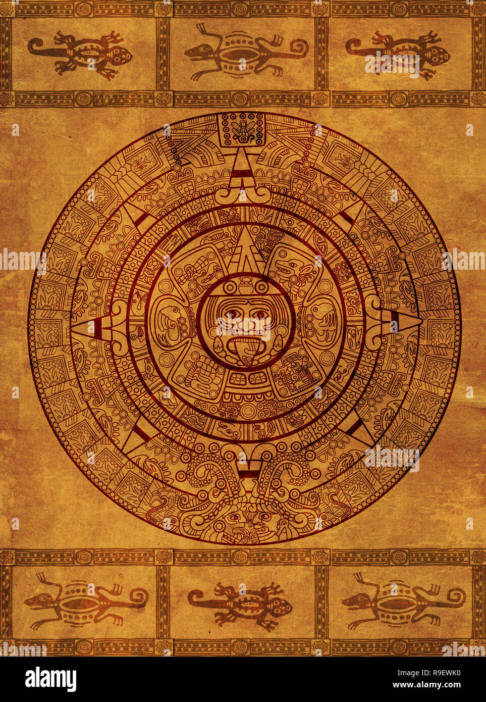 Maya calendar on ancient parchment - over white Stock Photo - Alamy