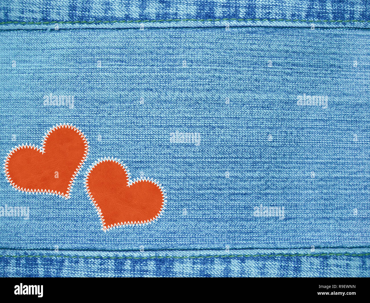 Jeans valentine background with red hearts Stock Photo Alamy