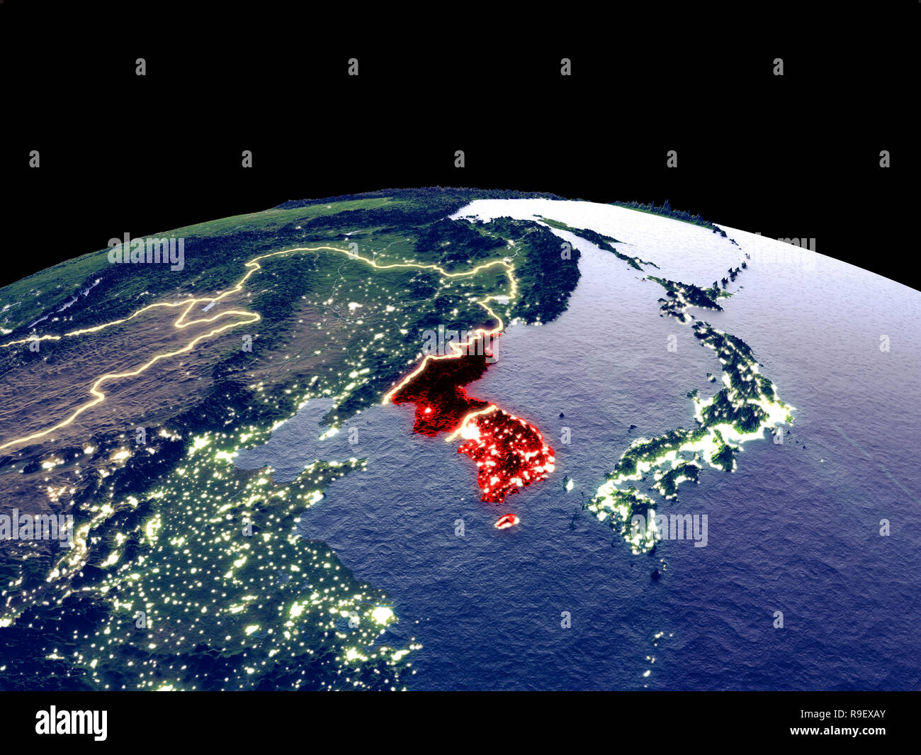 Korea from space on planet Earth at night with bright city lights ...