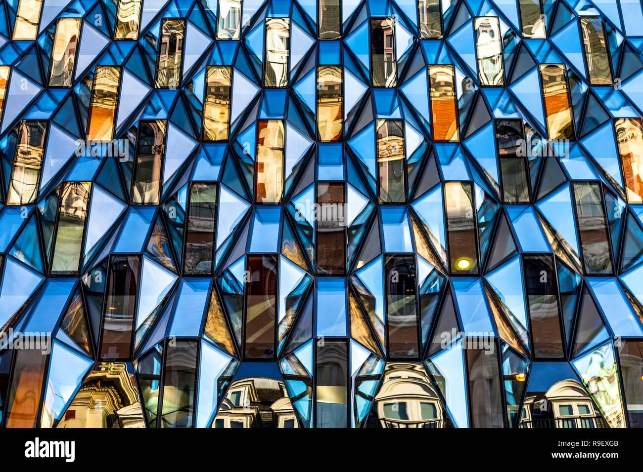 Contemporary glass facade with jewel-like shapes at 187-195 Oxford Street, London, UK Stock Photo