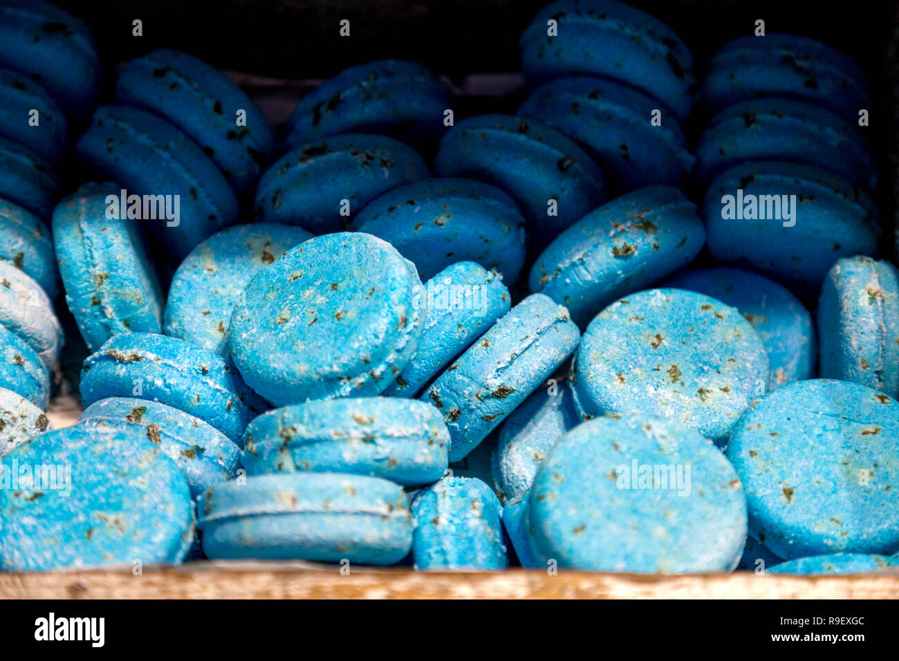 Blue solid shampoo bars at the Lush handmade cosmetics store in Oxford Street, London, UK Stock Photo