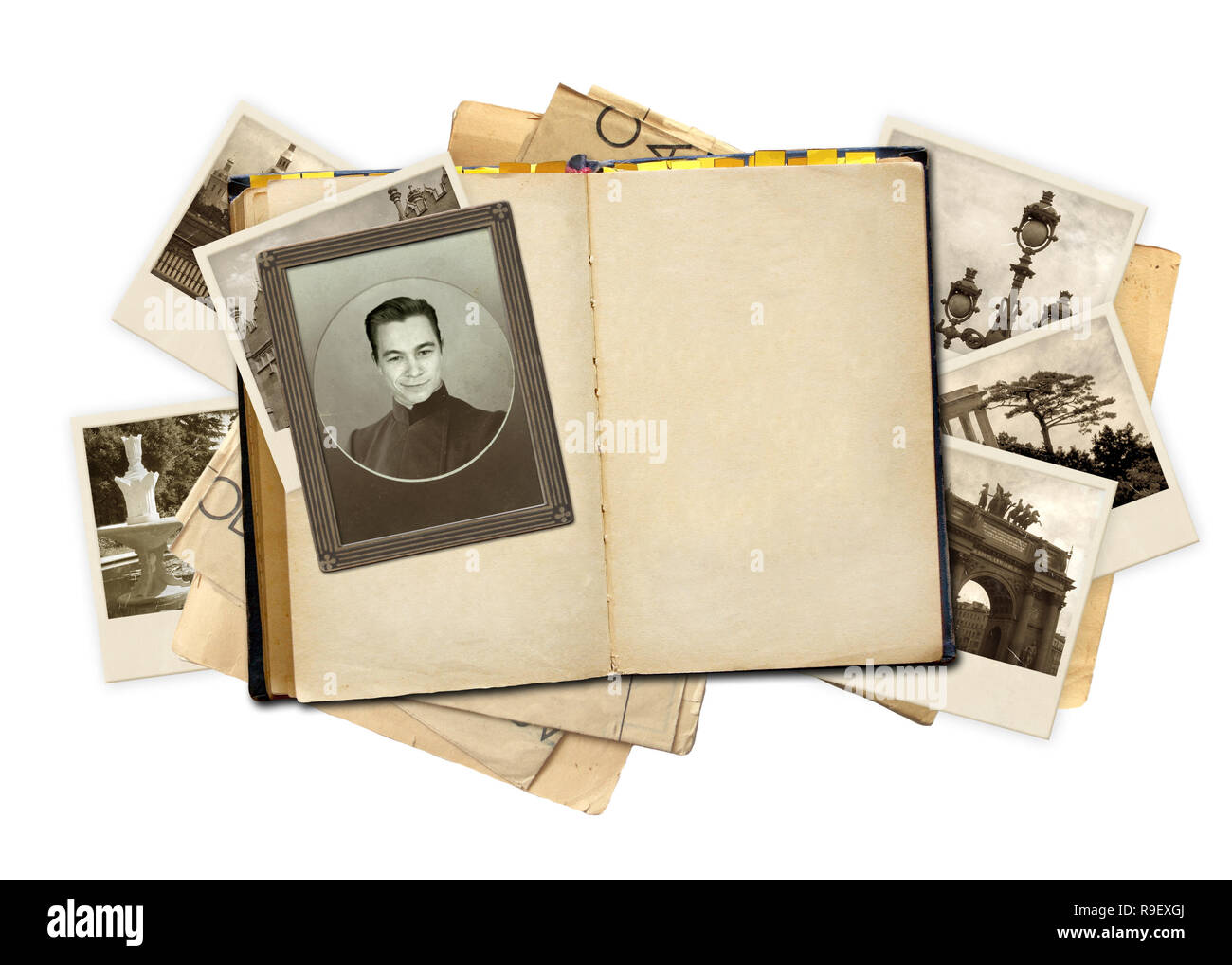 Grunge background with old notebook and photos Stock Photo - Alamy
