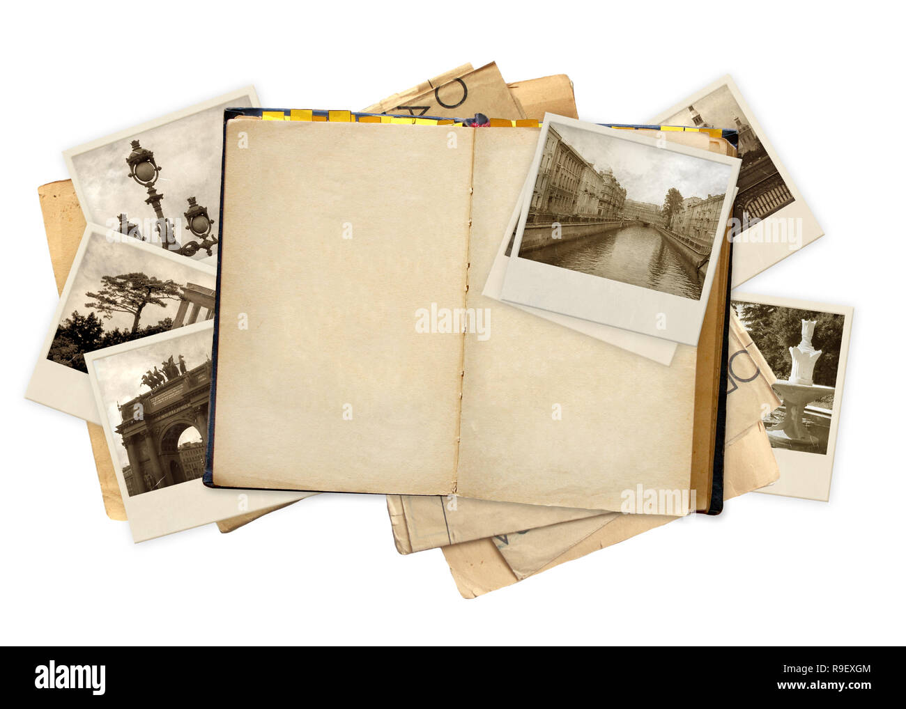 Grunge background with old notebook and photos Stock Photo - Alamy