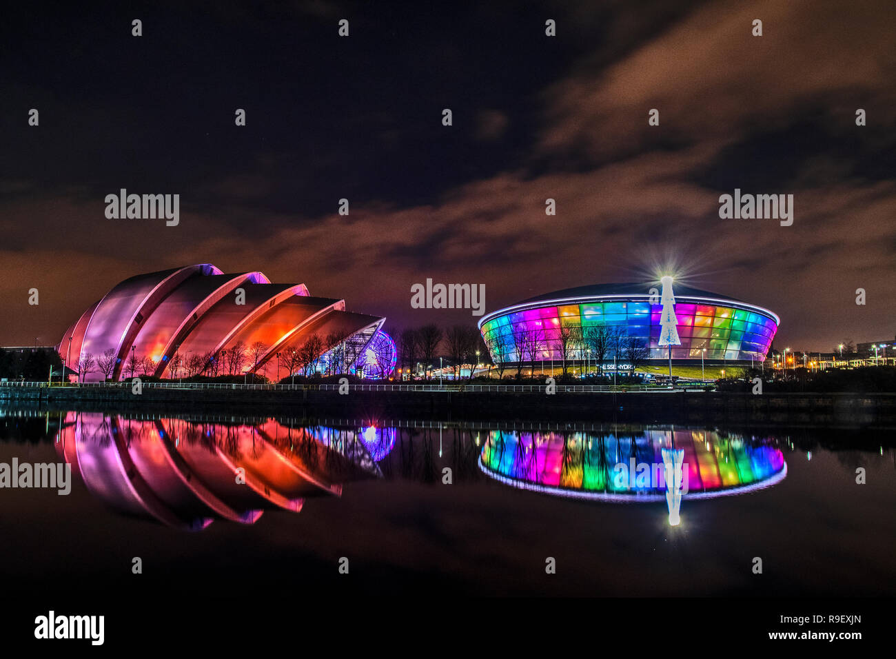 River Clyde at night, SECC Hydro, Clyde Port Stock Photo