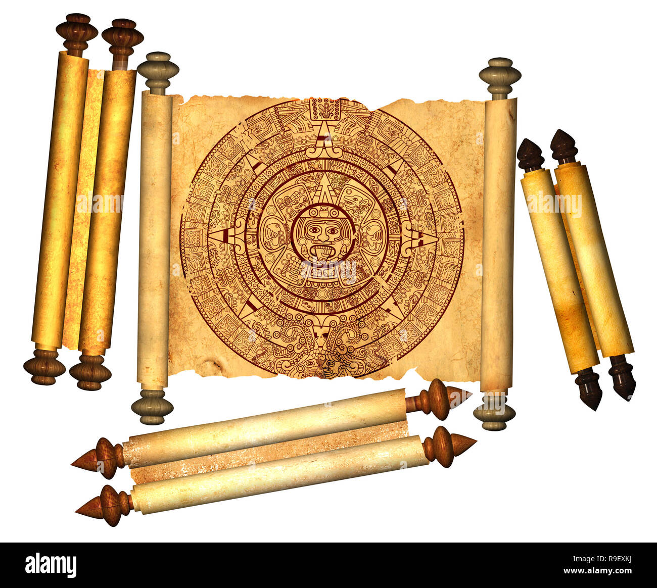 Maya calendar on ancient parchment. Isolated over white Stock Photo Alamy