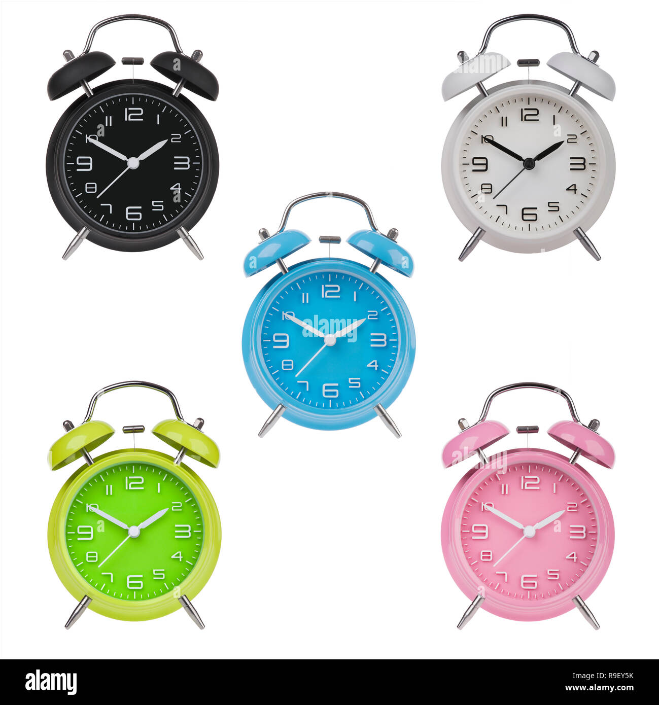 Five alarm clocks with the hands at 10 and 2 am or pm isolated on a white background Stock Photo