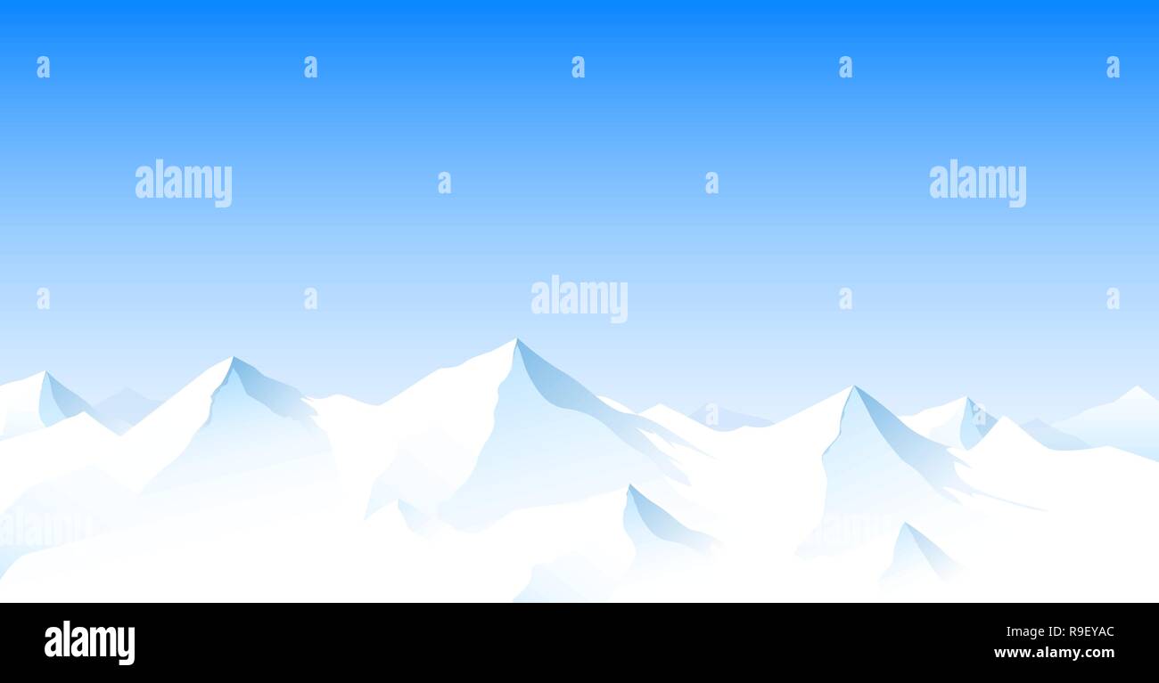 Snowy mountain peaks against the blue sky. Mountain snow landscape. Stock Vector