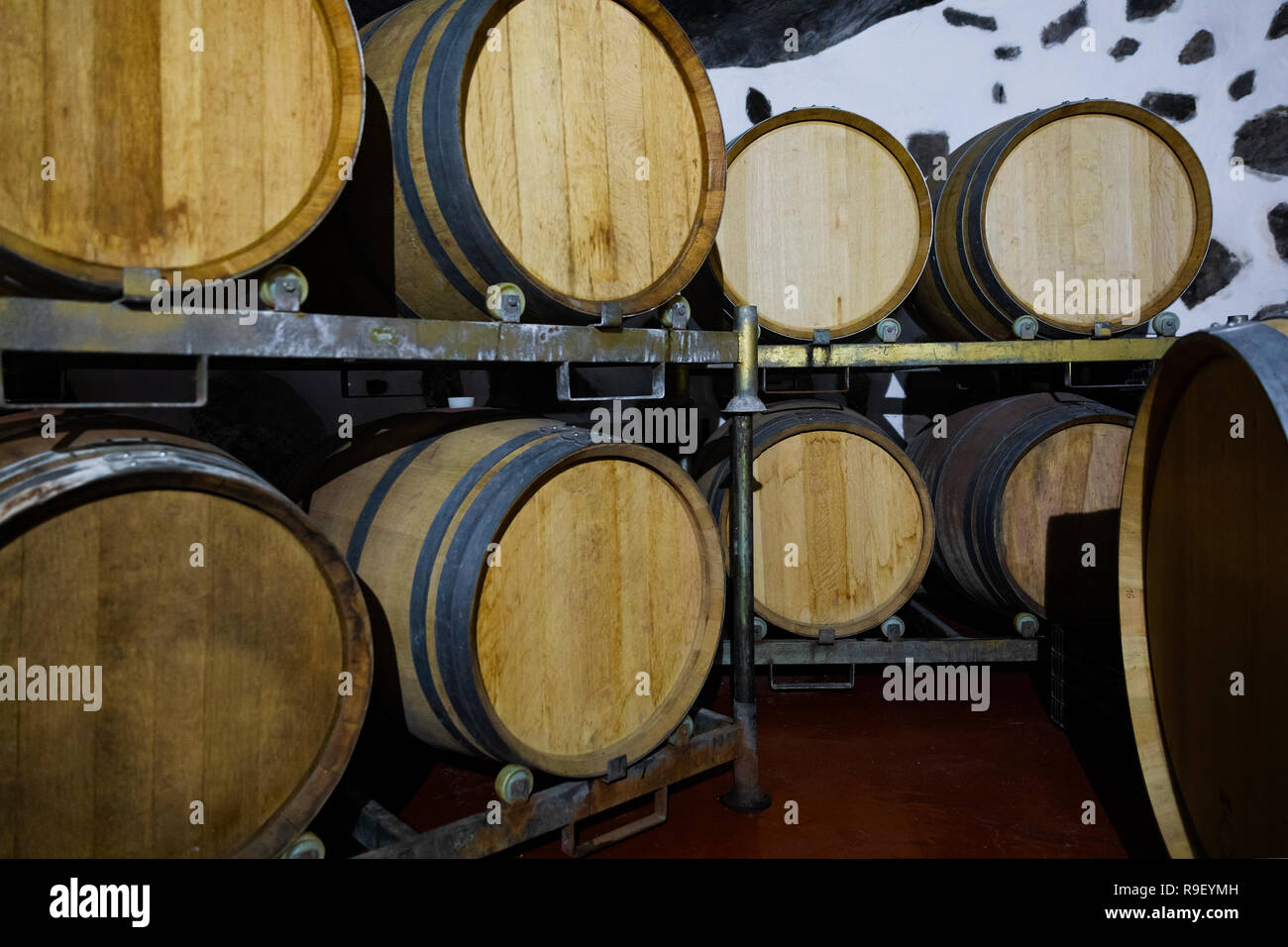 Wooden Barrels in Stored At Wine Cellar Under Ground Stock Photo Alamy