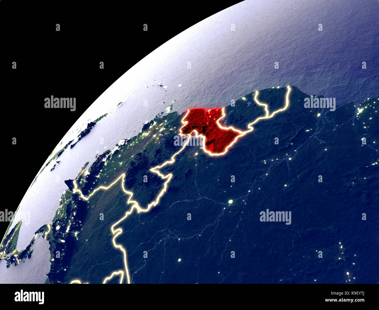 Satellite view of Guyana on Earth with city lights. Extremely detailed ...