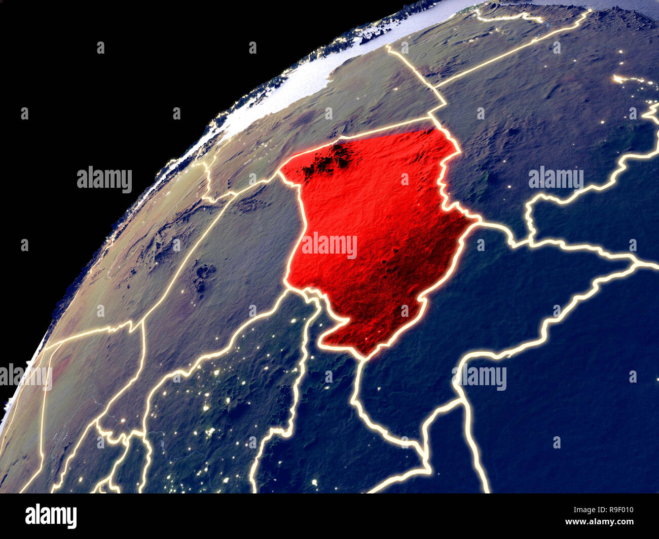 Satellite view of Chad on Earth with city lights. Extremely detailed ...