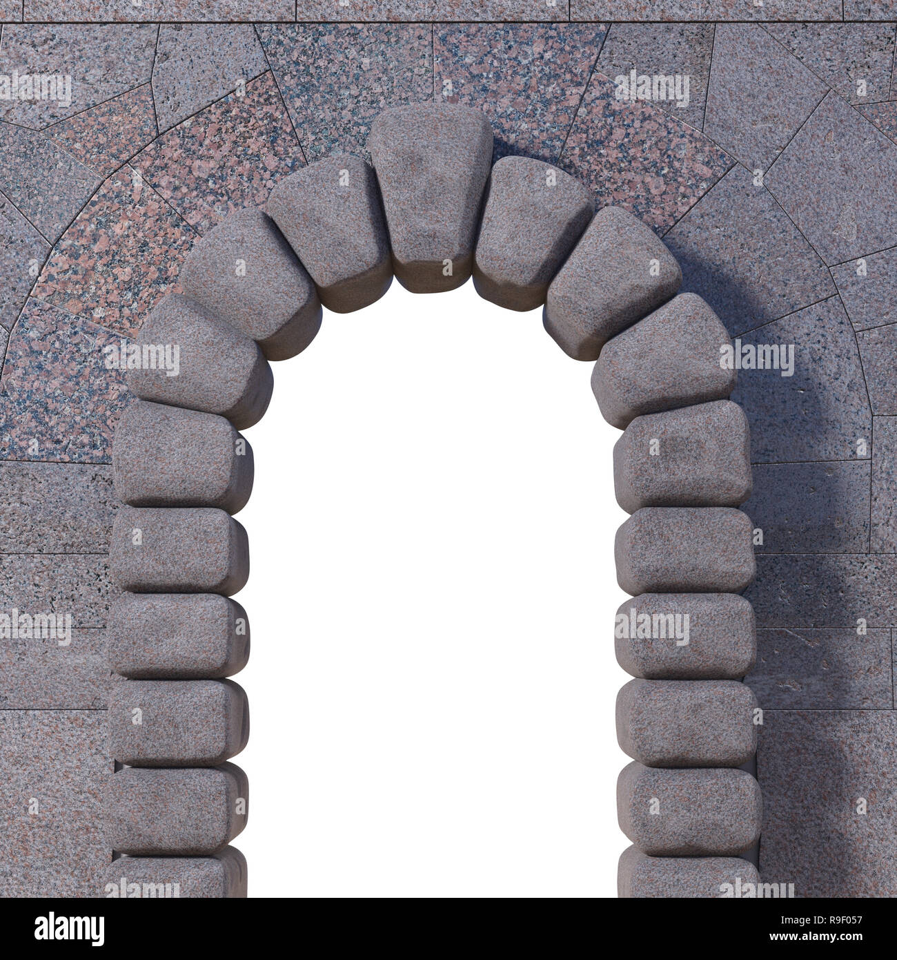 Cyclopean stone gate with granite tiled wall and white isolated opening ...