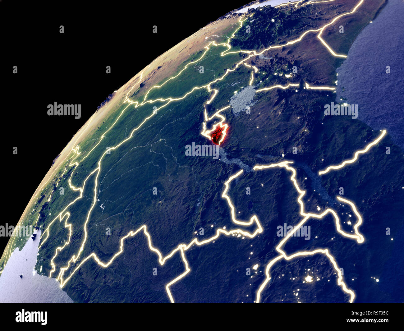 Satellite view of Burundi on Earth with city lights. Extremely detailed ...