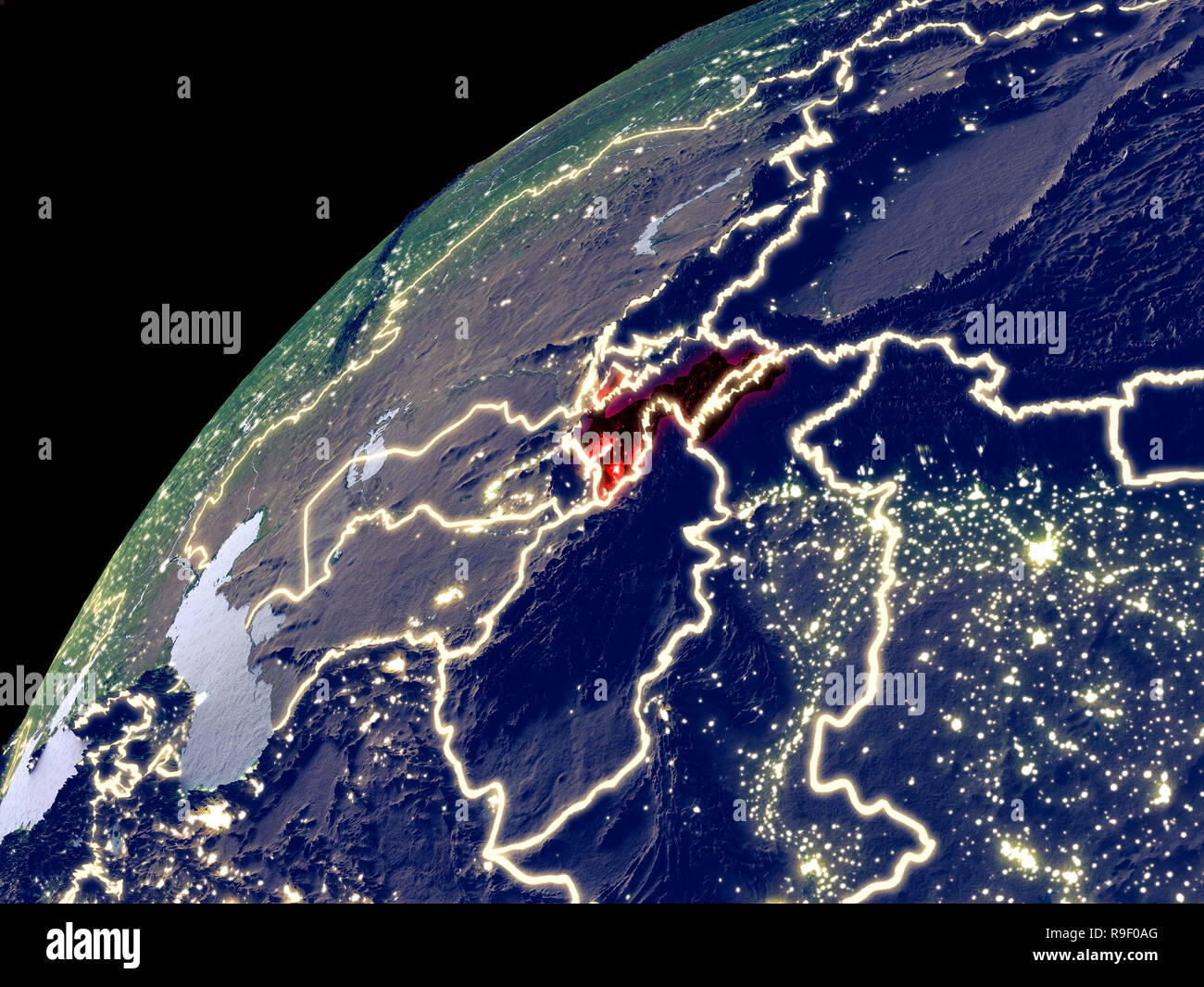 Satellite view of Tajikistan on Earth with city lights. Extremely ...