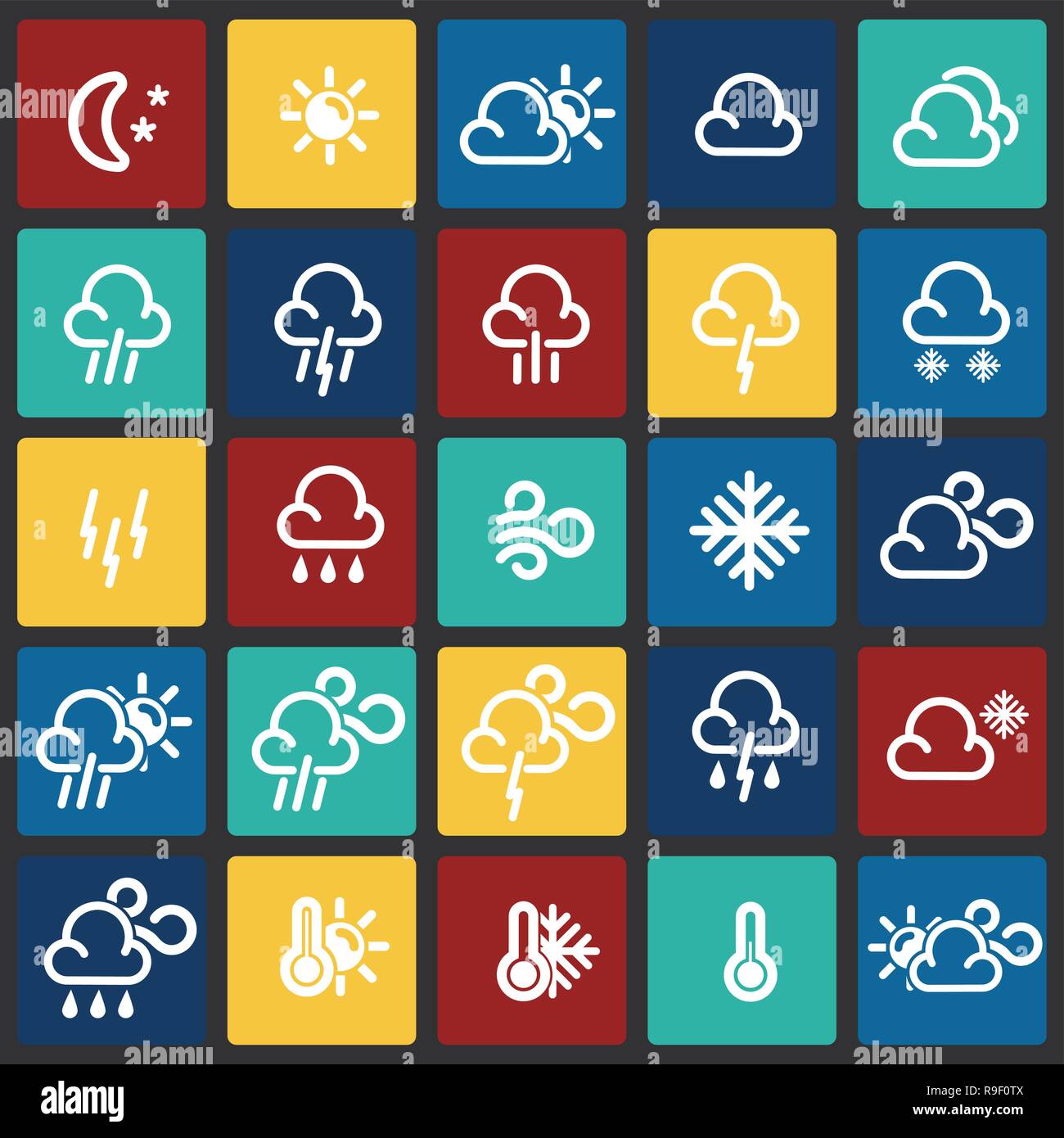 Weather forecast icons set on color squares background for graphic and ...