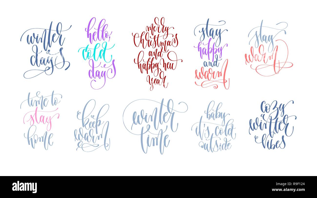 set of 10 hand lettering inscription text to winter holiday desi Stock ...