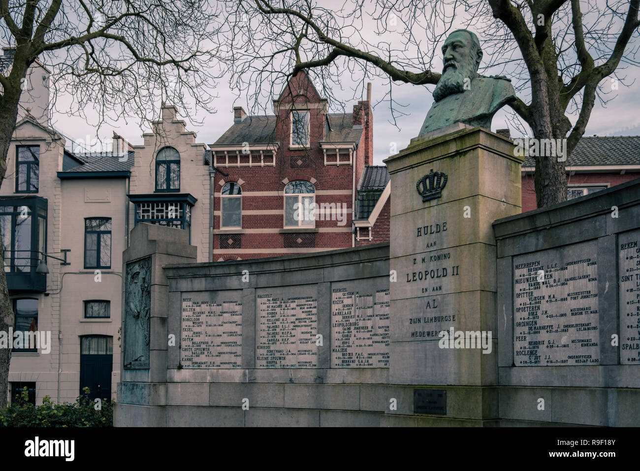 Hasselt, Limburg, Flanders Belgium - February 18, 2018 : Sideview on memorial for King Leopold II and the Limburgian collaborators in Belgian Congo on Stock Photo