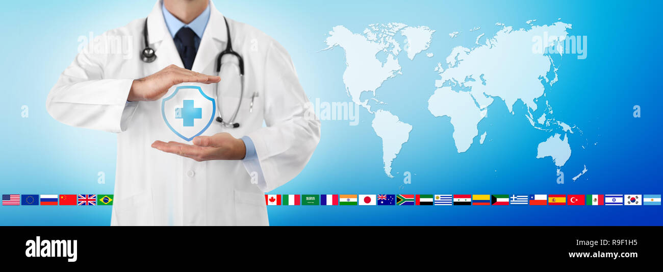 international travel medical insurance concept, doctor's hands protect an shield cross icon, isolated on blue background with world map and flags, web Stock Photo