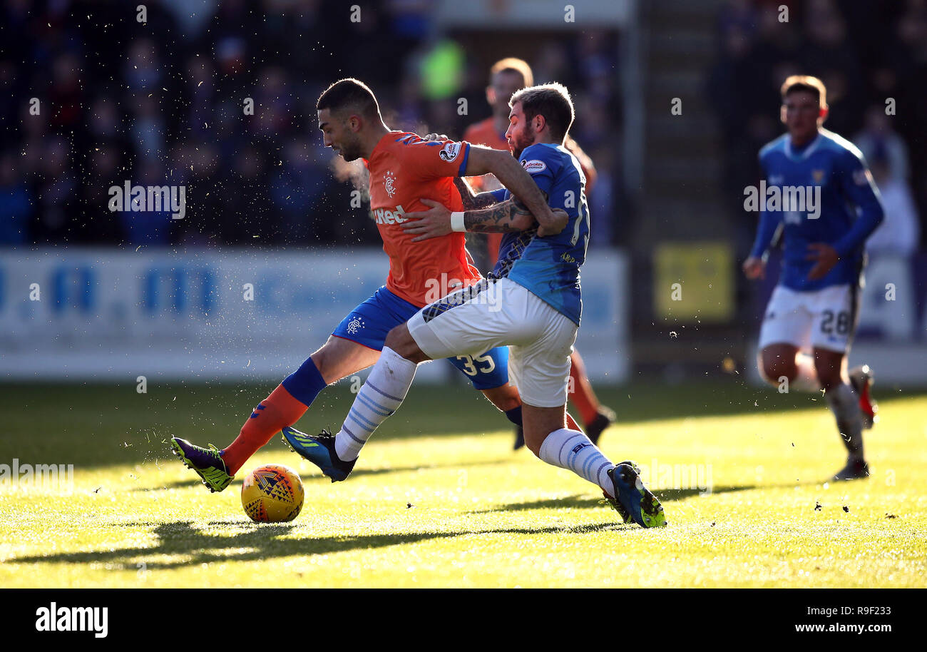 Rangers' Eros Grezda (left) and St Johnstone's Richard Foster battle for the ball during the Ladbrokes Scottish Premiership match at McDiarmid Park, Perth. Stock Photo