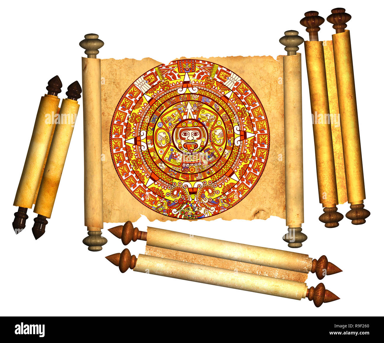 Maya calendar on ancient parchment. Isolated over white Stock Photo Alamy