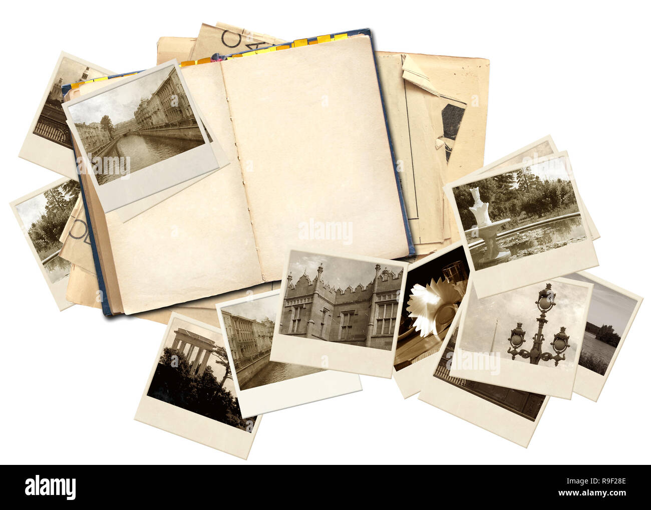 Grunge background with old notebook and photos Stock Photo - Alamy