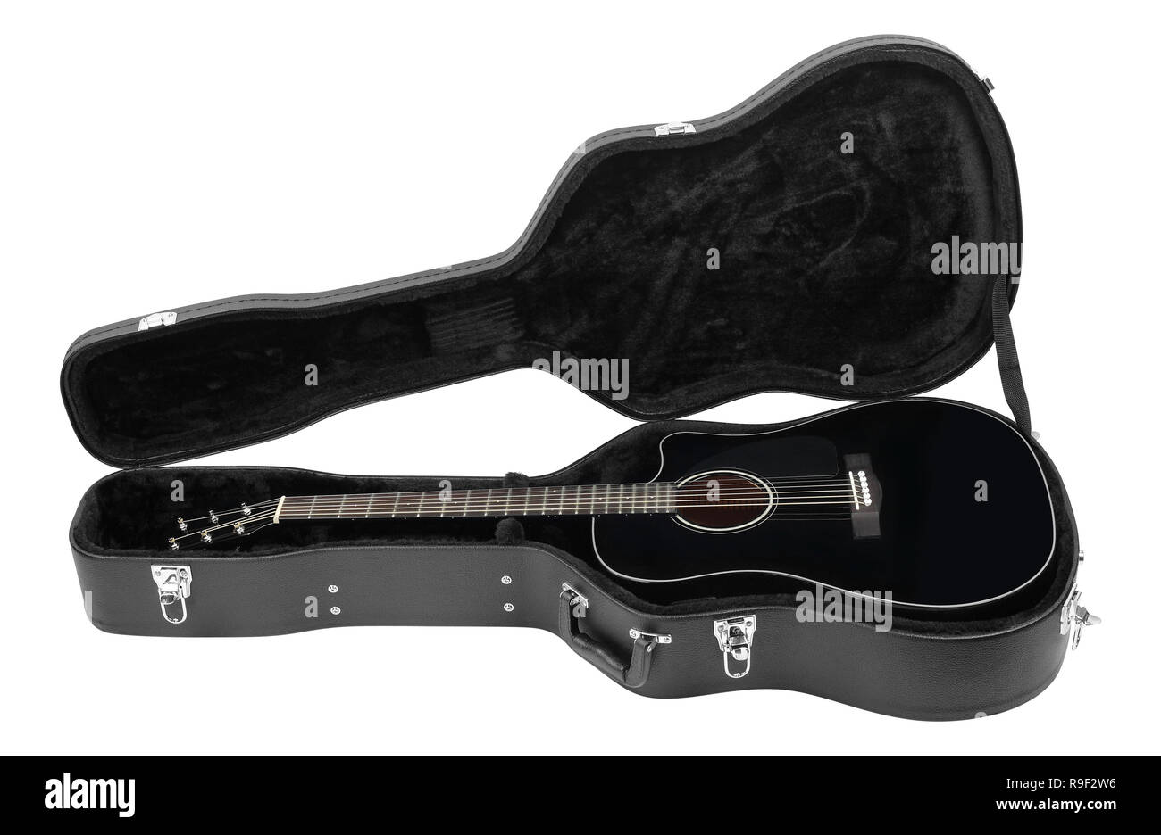 Musical instrument - Acoustic guitar hard case isolated on a white background. Stock Photo