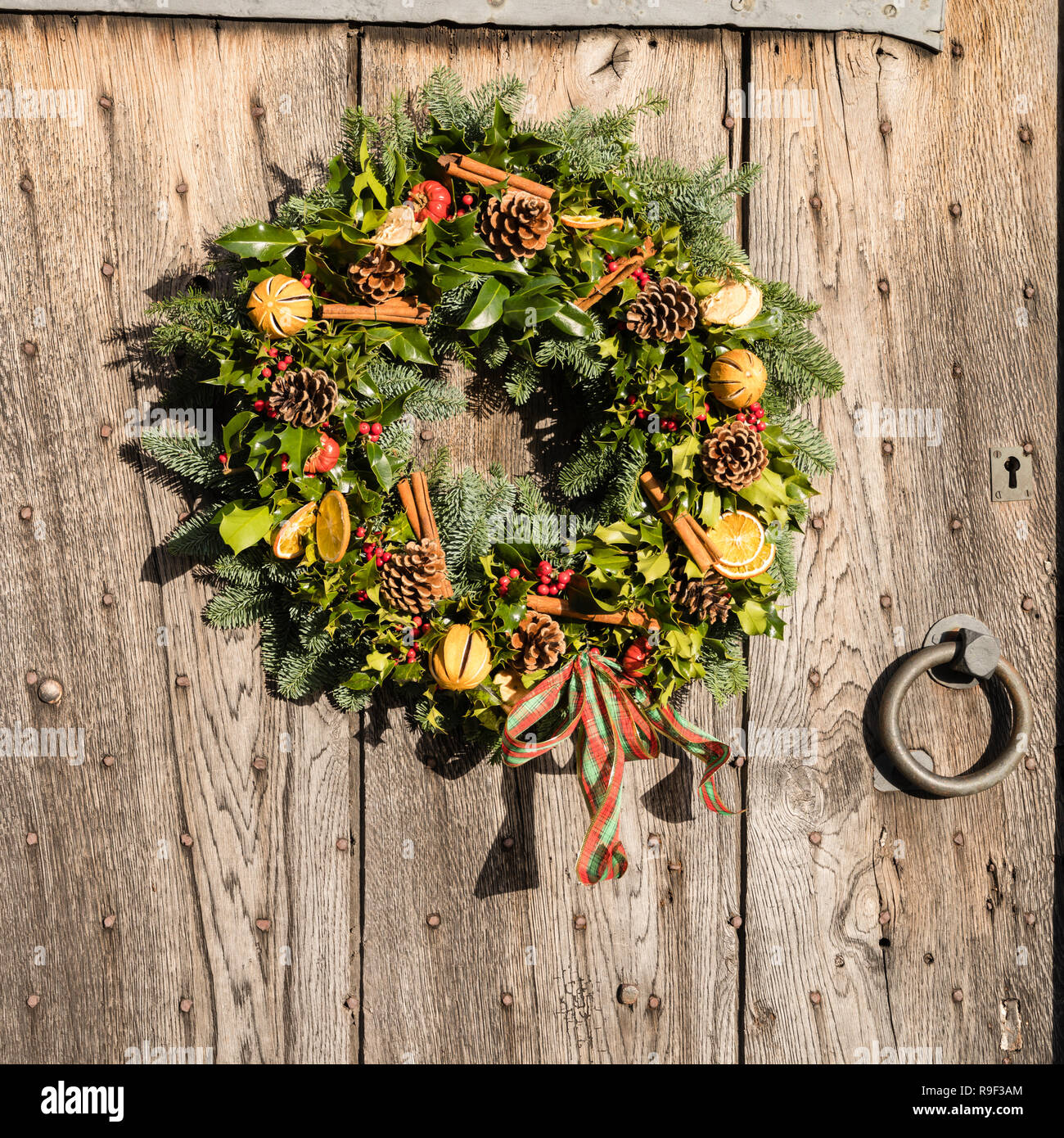 A traditional Christmas wreath on an Elizabethan (16C) oak entrance door (close up) Stock Photo