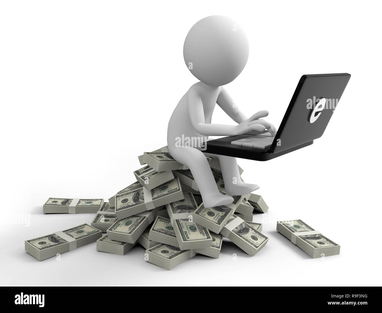 Dollar,computer,a person working with a computer, sitting on a bundle of a  bundle of money Stock Photo - Alamy, image size:1300x1065