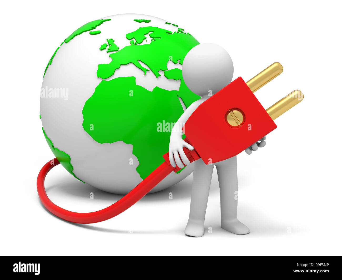 globe,plug,a man carrying a plug , which connecting a globe Stock Photo