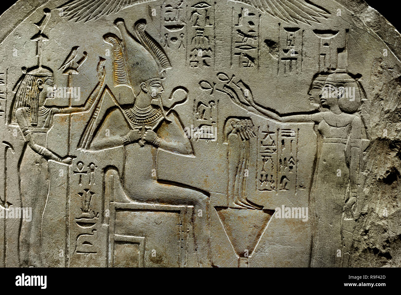 Stele Fragment with Osiris and other gods, 49 x 55 x 10 cm, Period: New Kingdom 1550-1070 BC, Egypt, Egyptian. Stock Photo