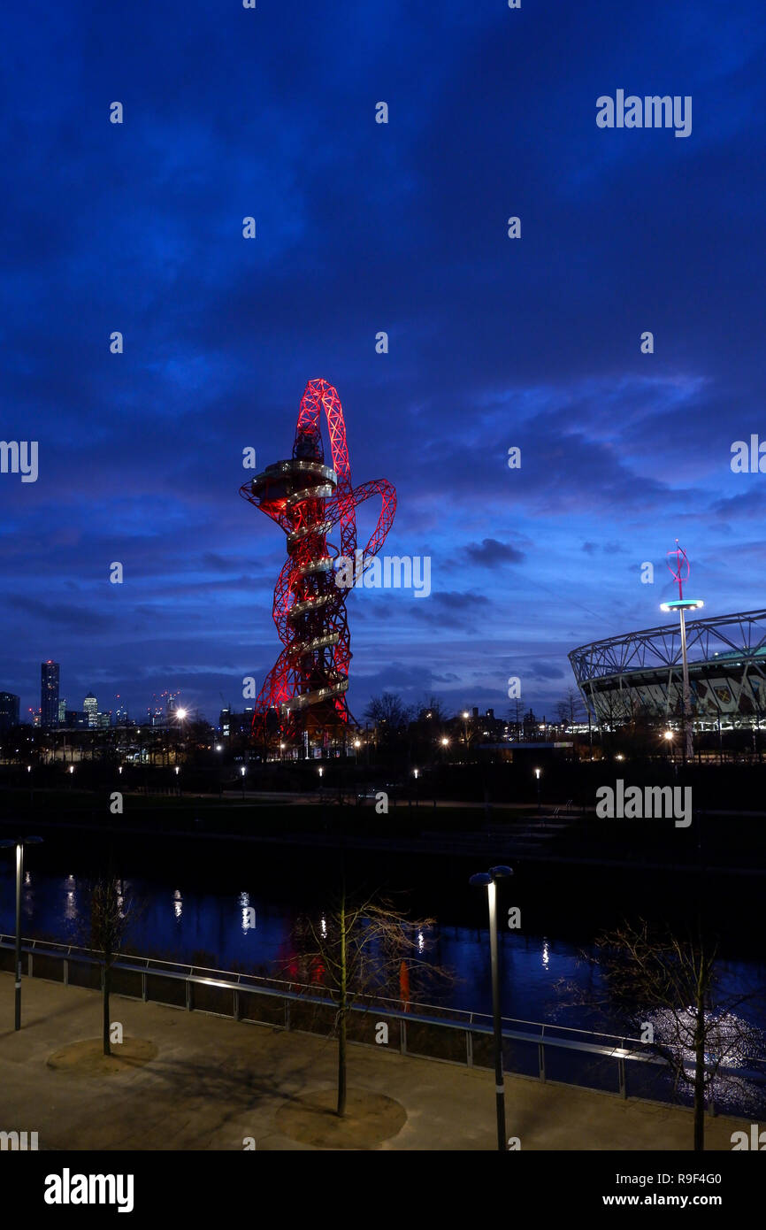 The ArcelorMittal Orbit sculpture at dusk , Queen Elizabeth Olympic Park  , London, England, United Kingdom, Europe. Stock Photo