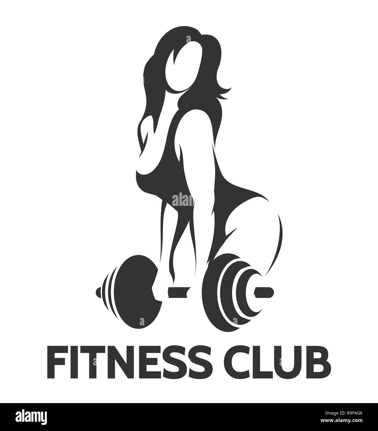 Fitness club emblem. Bodybuilder woman holds barbell. Vector illustration. Stock Vector