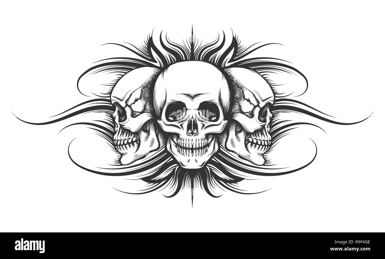 Three human skulls drawn in tattoo style. Vector illustration. Stock Vector