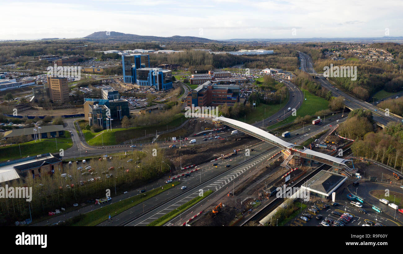 Aerial view of Telford in Shropshire with the new railway station footbridge and the A442 road Stock Photo