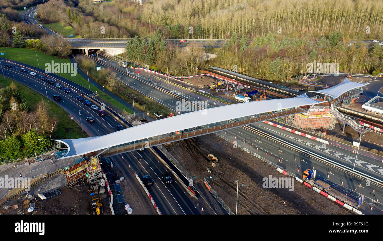 Aerial view of Telford in Shropshire with the new railway station footbridge and the A442 road Stock Photo