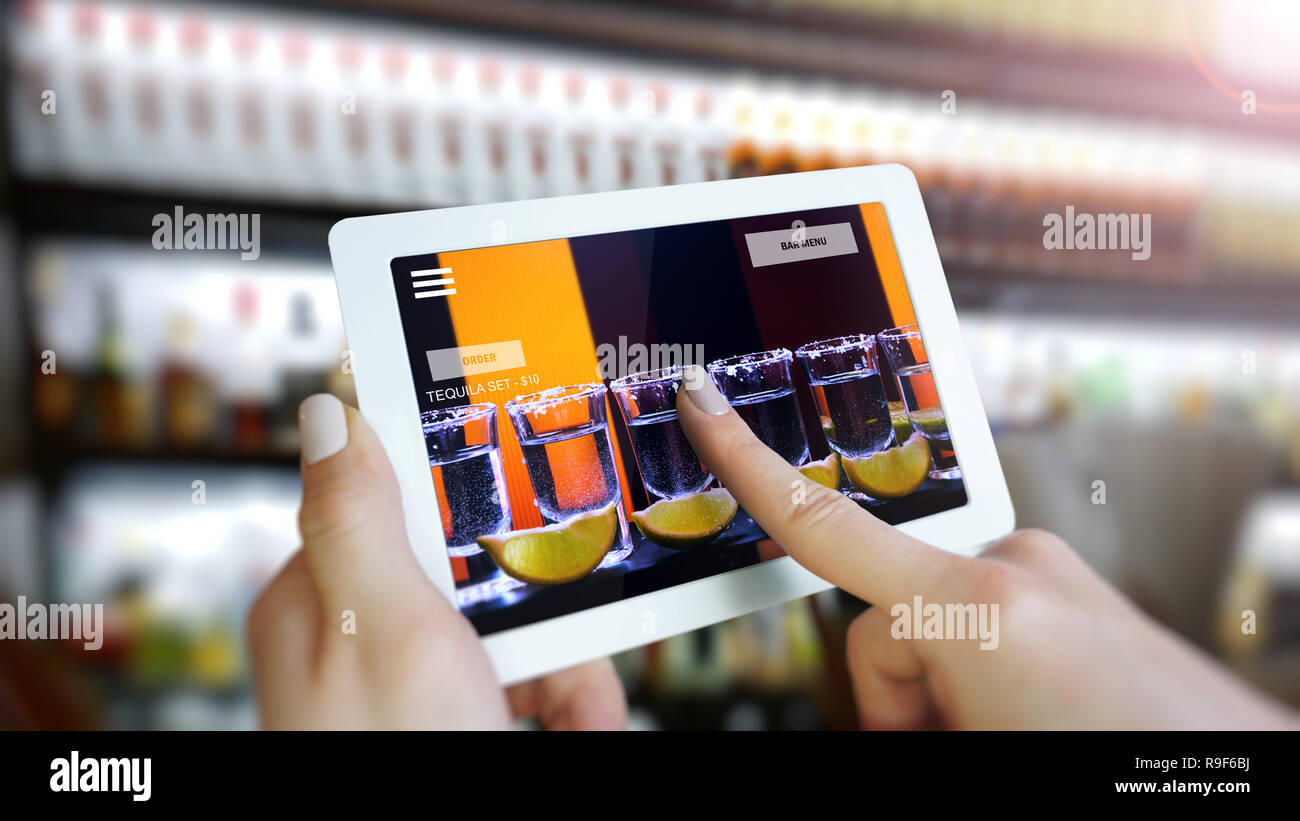 Customer use AR application to order drink at the bar, Hand touching