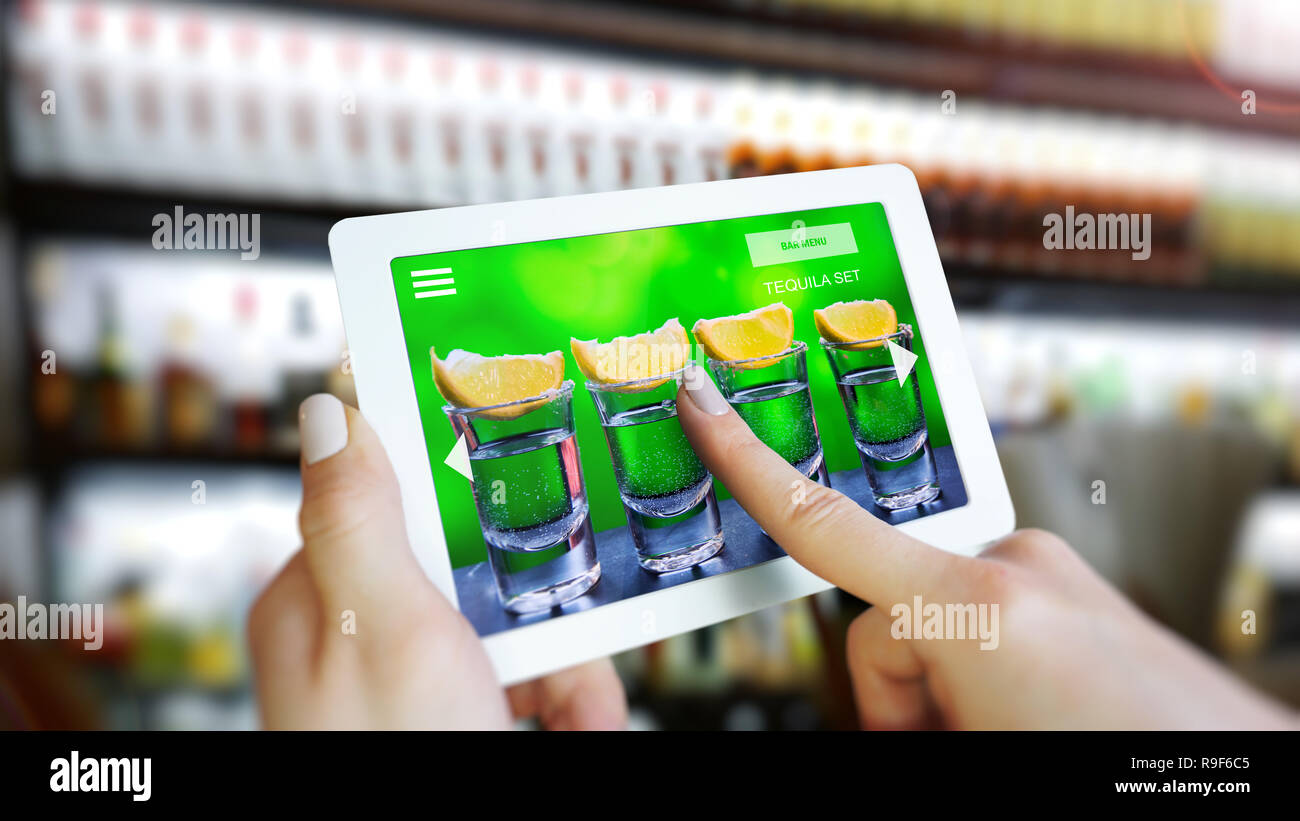 Customer use AR application to order drink at the bar, Hand touching