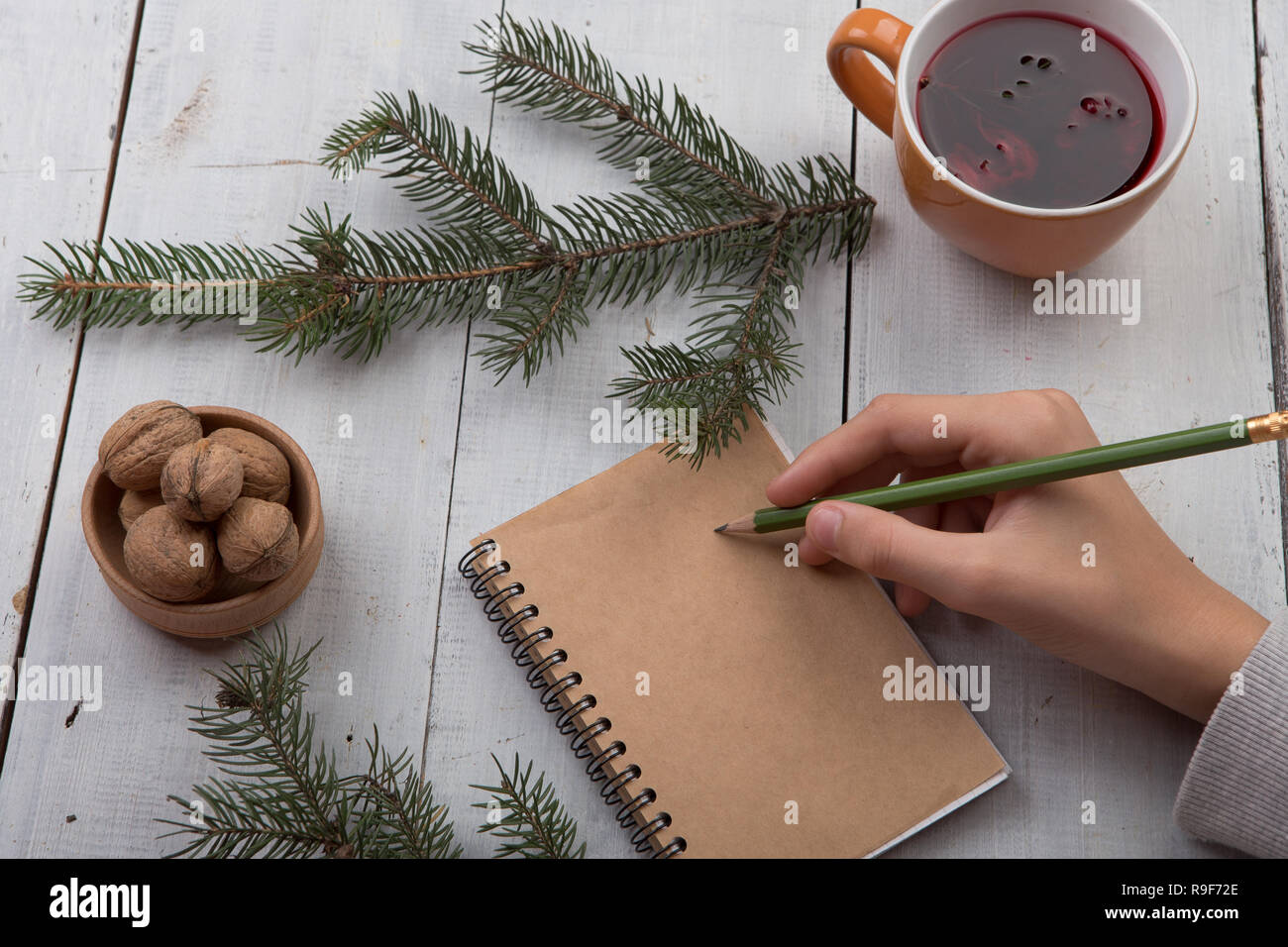 Winter holidays concept - blank notebook, pencil in hand, nuts, fir branches and cup of tea on white wooden table Stock Photo