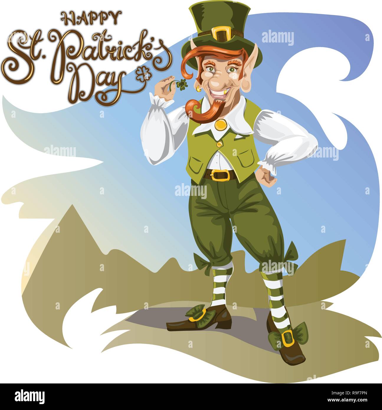 Happy Saint Patrick s Day. Character with green hat. Cartoon funny leprechaun with clover. Vector illustration Stock Vector