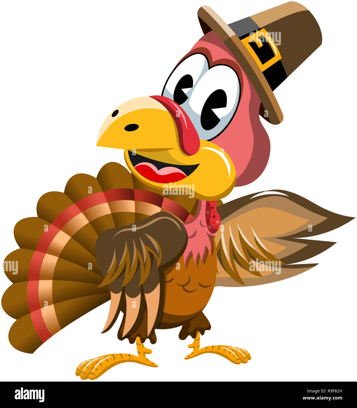 Cartoon turkey with pilgrim hat presenting isolated Stock Photo