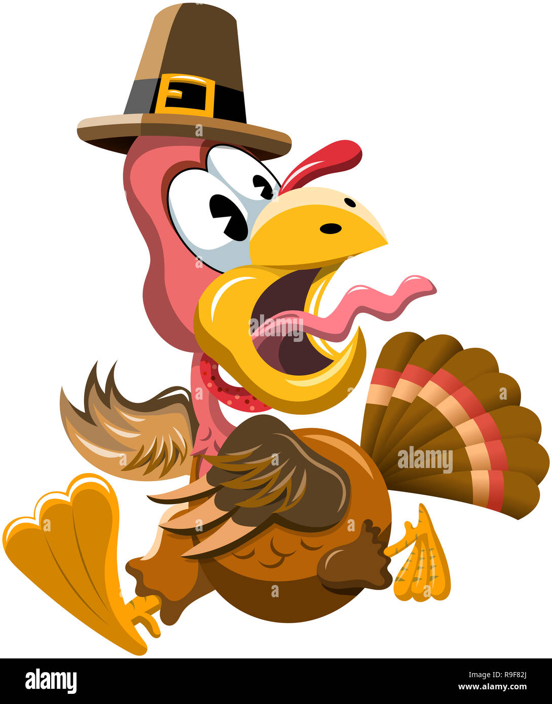 Cartoon Frightened Turkey Escaping at Thanksgiving Day isolated Stock Photo