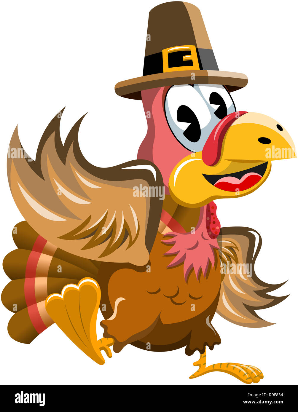 Cartoon turkey with pilgrim hat waving isolated Stock Photo
