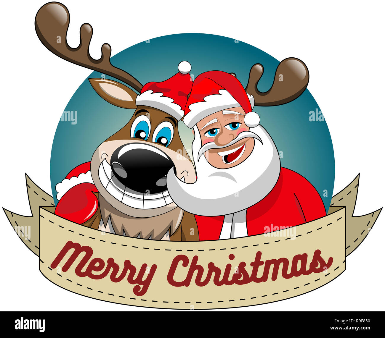 Cartoon funny reindeer and santa claus hugging and wishing merry christmas  in round frame isolated Stock Photo - Alamy