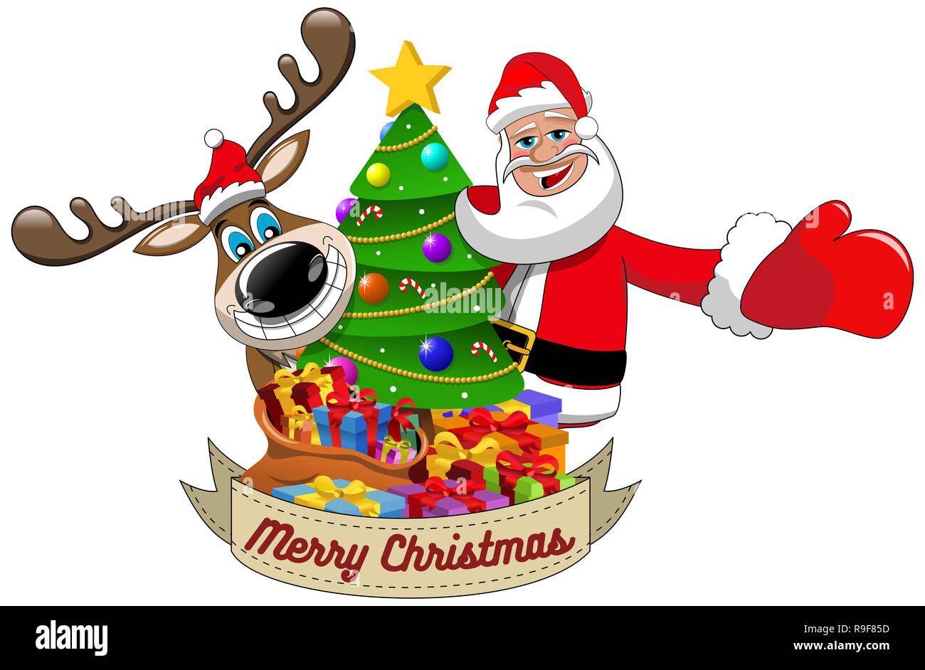 Cartoon funny reindeer and santa claus wishing merry christmas behind  decorated xmas tree isolated Stock Photo - Alamy