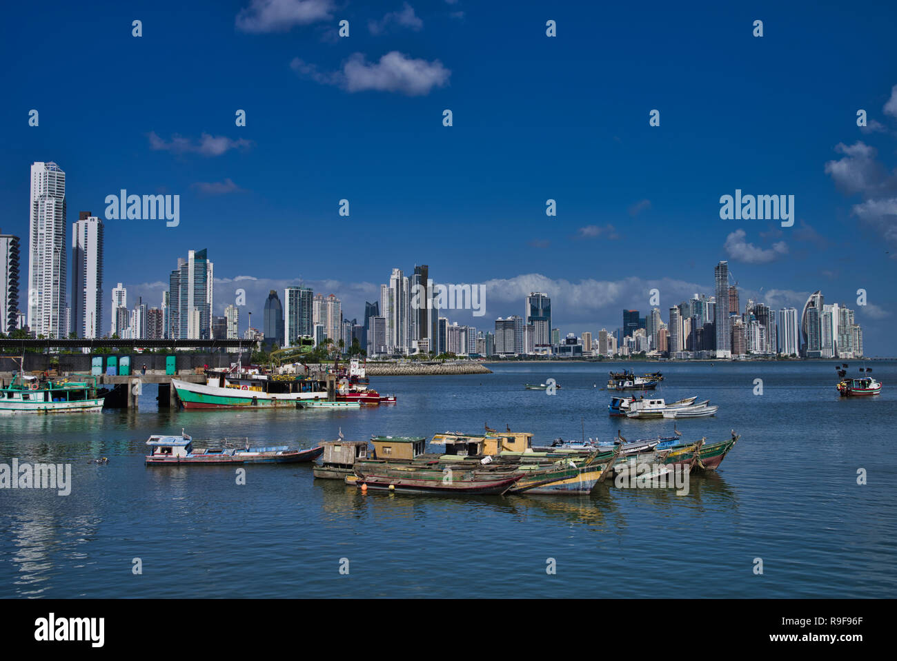 Panama City and fishing boats Costal Skyline with skyscrapers Stock Photo