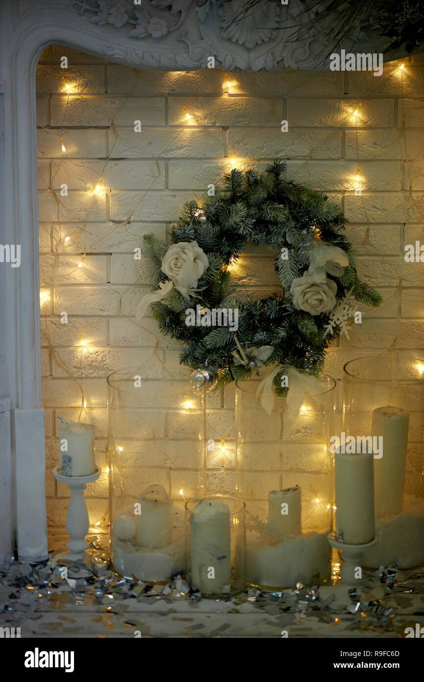 Decorative Fireplace Decorated With Garlands Christmas Decoration