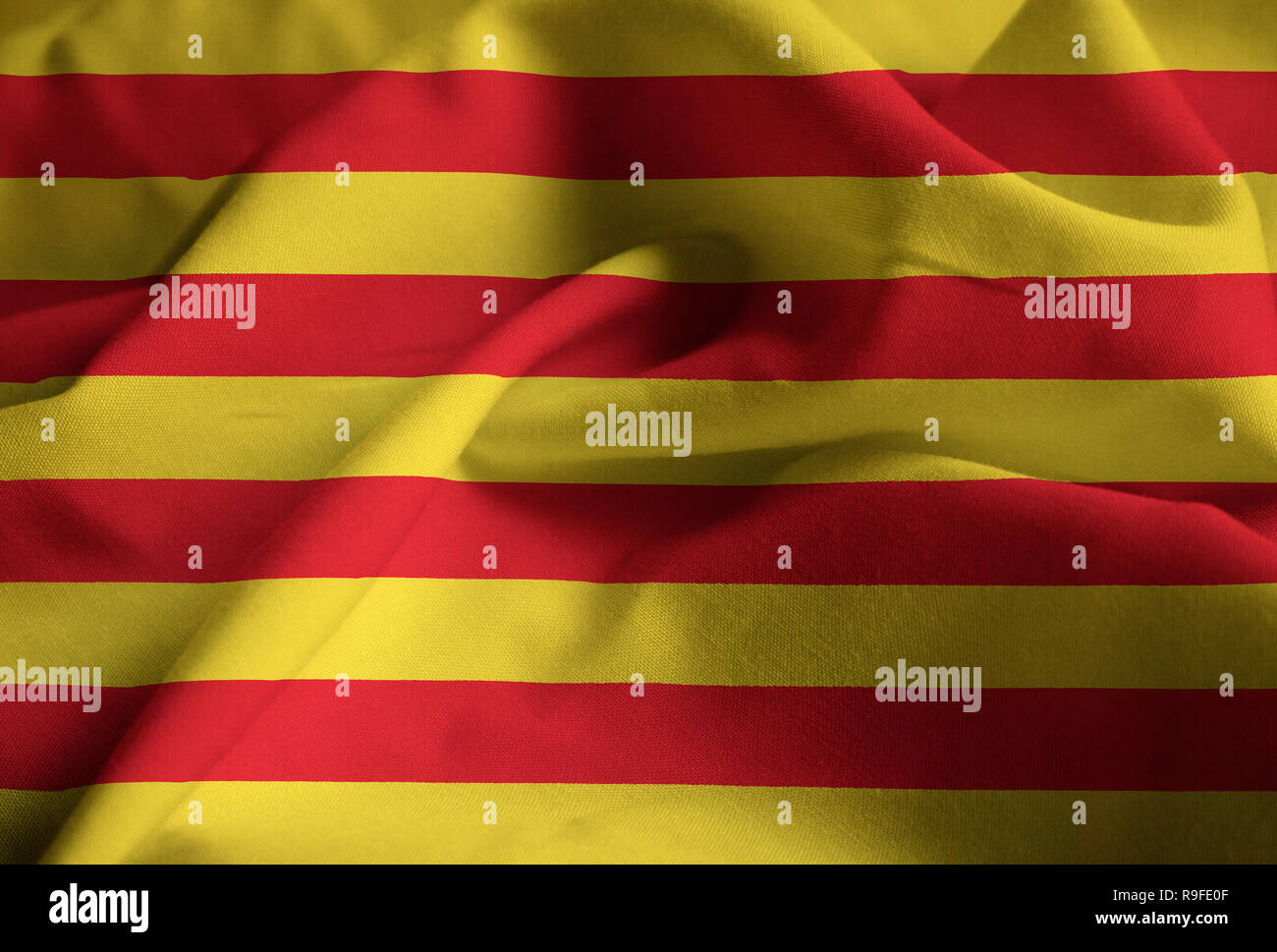 Closeup of Ruffled Catalonia Flag, Catalonia Flag Blowing in Wind Stock Photo
