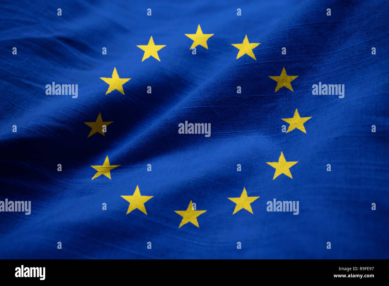 Closeup of Ruffled European Union Flag, European Union Flag Blowing in Wind Stock Photo