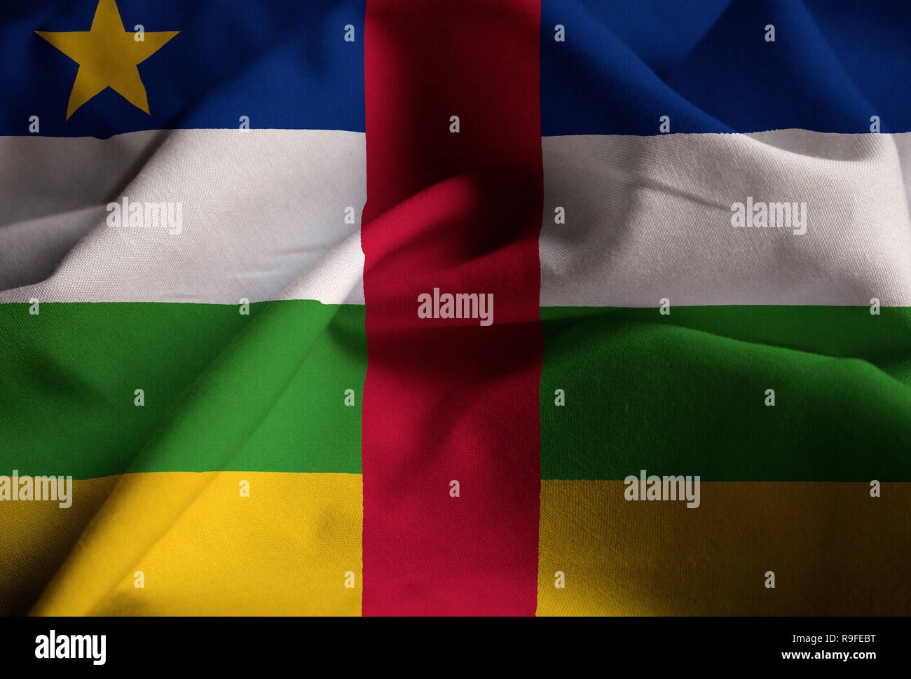Closeup of Ruffled Central African Republic Flag, Central African Republic Flag Blowing in Wind Stock Photo