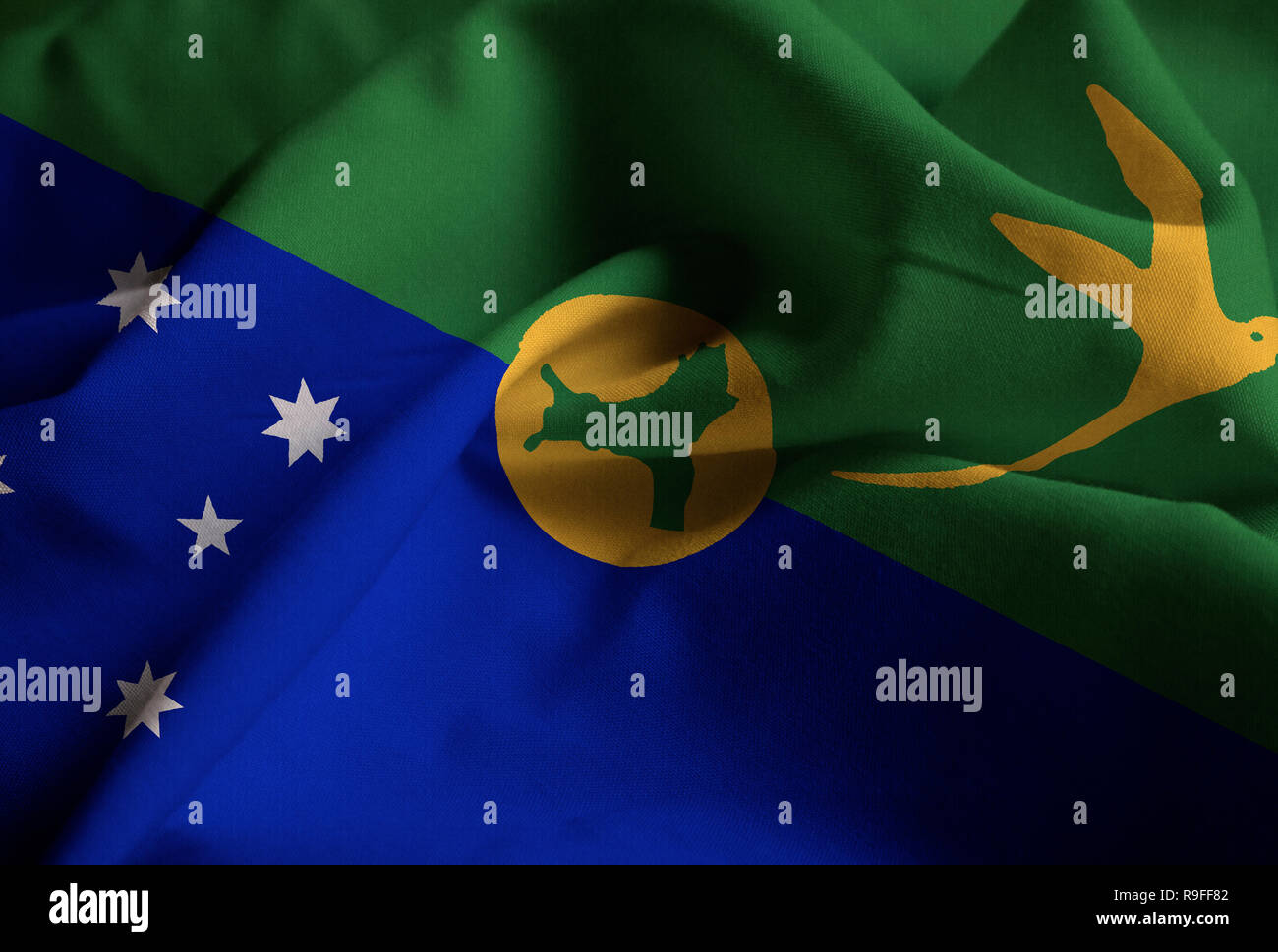 Closeup of Ruffled Christmas Island Flag, Christmas Island Flag Blowing in Wind Stock Photo