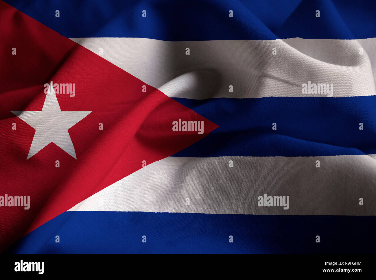 Closeup of Ruffled Cuba Flag, Cuba Flag Blowing in Wind Stock Photo